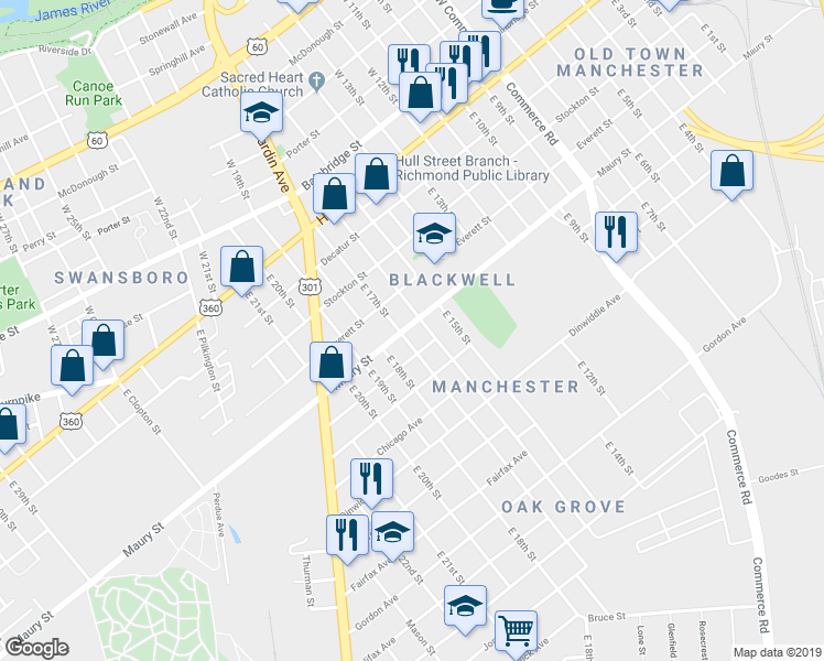 map of restaurants, bars, coffee shops, grocery stores, and more near 320 East 17th Street in Richmond