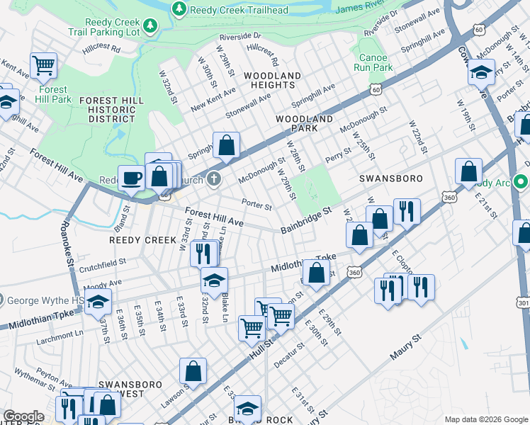 map of restaurants, bars, coffee shops, grocery stores, and more near 3000 Porter Street in Richmond