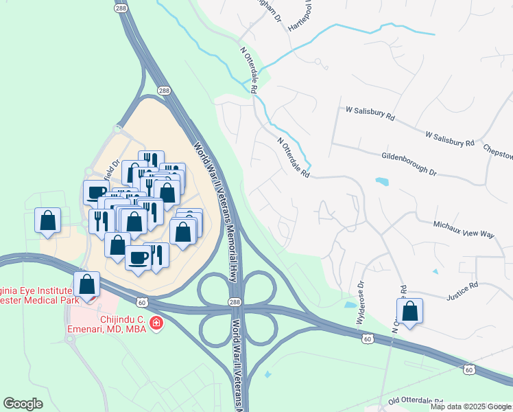 map of restaurants, bars, coffee shops, grocery stores, and more near 406 Bridge Creek Court in Midlothian