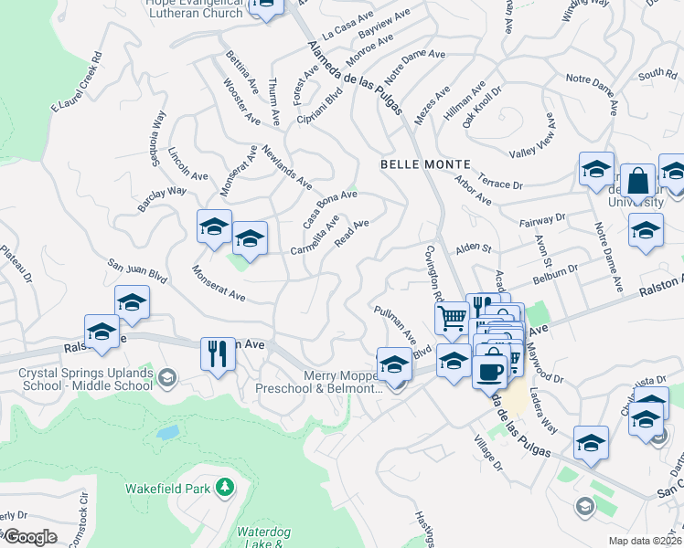map of restaurants, bars, coffee shops, grocery stores, and more near 2648 Ponce Avenue in Belmont