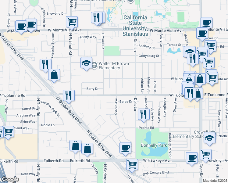 map of restaurants, bars, coffee shops, grocery stores, and more near 2425 Oxford Avenue in Turlock