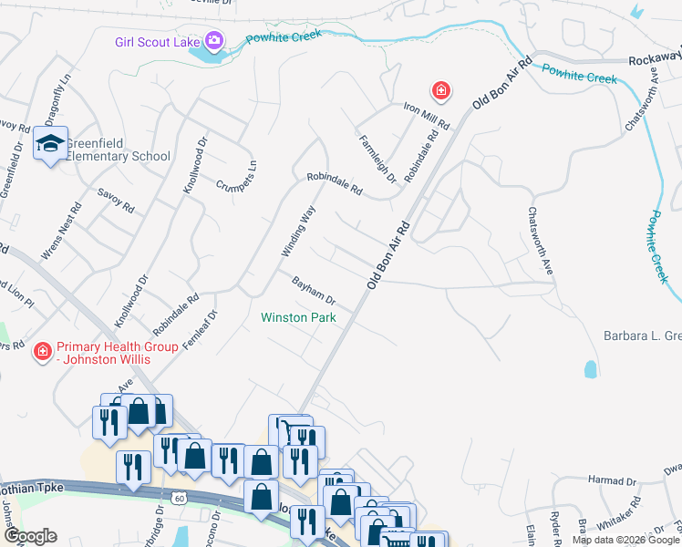 map of restaurants, bars, coffee shops, grocery stores, and more near 1348 Old Bon Air Rd in Richmond