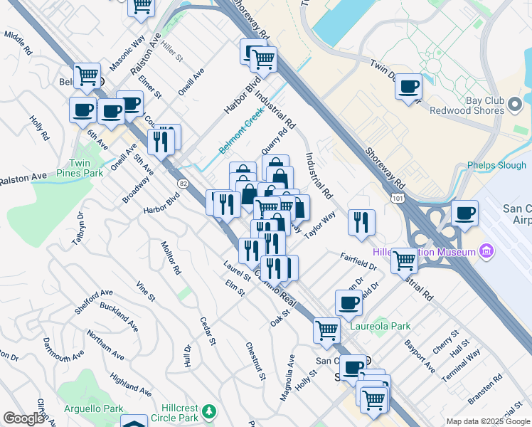 map of restaurants, bars, coffee shops, grocery stores, and more near 575 Bragato Road in San Carlos