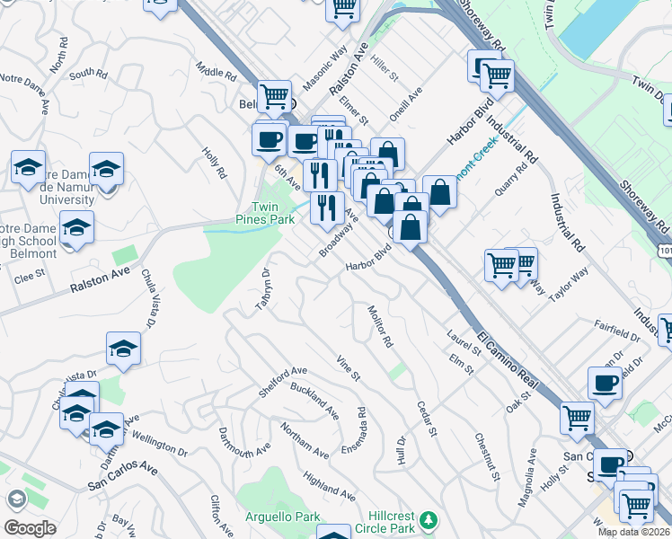 map of restaurants, bars, coffee shops, grocery stores, and more near 1140 Harbor Boulevard in Belmont
