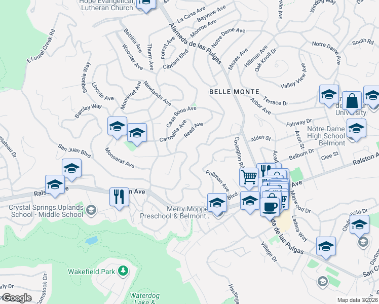 map of restaurants, bars, coffee shops, grocery stores, and more near 2648 Ponce Avenue in Belmont