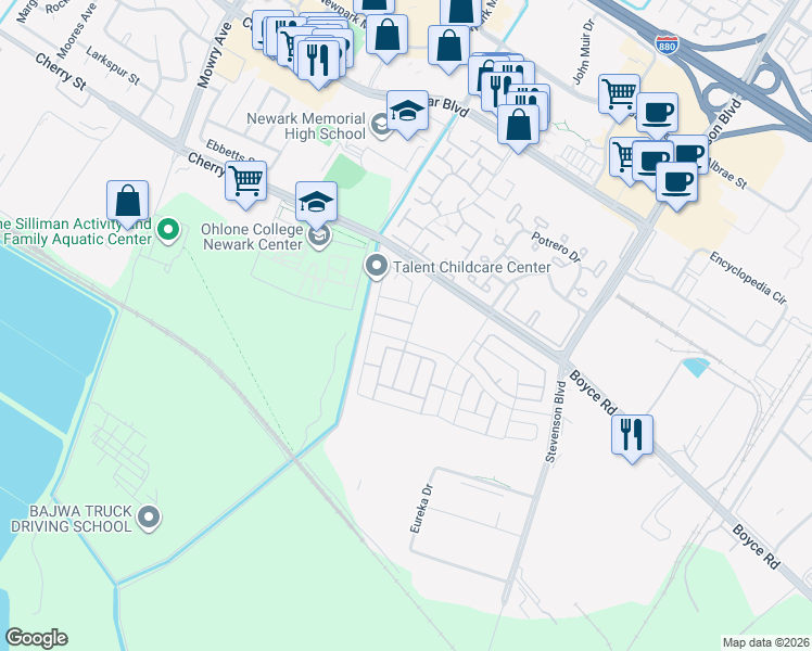map of restaurants, bars, coffee shops, grocery stores, and more near 39465 Humpback Whale Road in Newark
