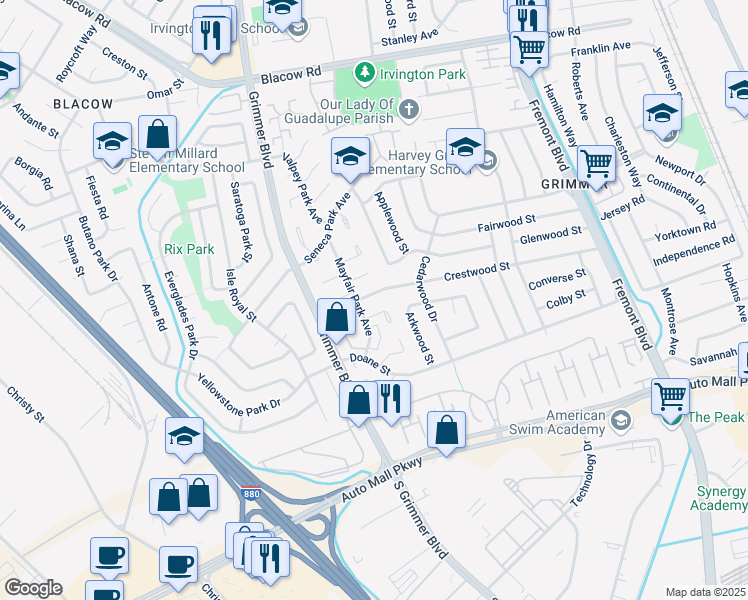 map of restaurants, bars, coffee shops, grocery stores, and more near 4566 Crestwood Street in Fremont