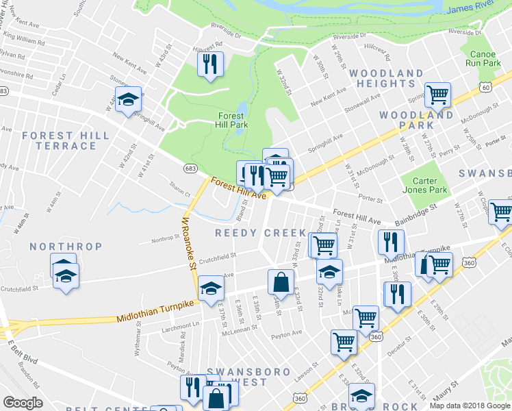 map of restaurants, bars, coffee shops, grocery stores, and more near 311 Carson Street in Richmond