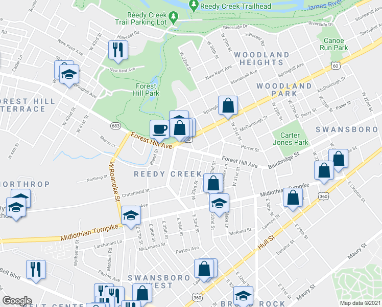 map of restaurants, bars, coffee shops, grocery stores, and more near 3310 Forest Hill Avenue in Richmond