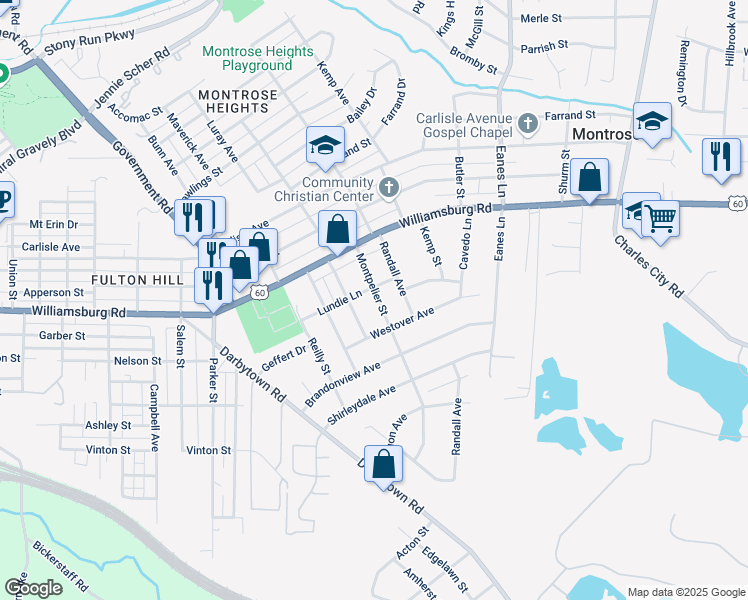 map of restaurants, bars, coffee shops, grocery stores, and more near 5204 Montpelier Street in Richmond