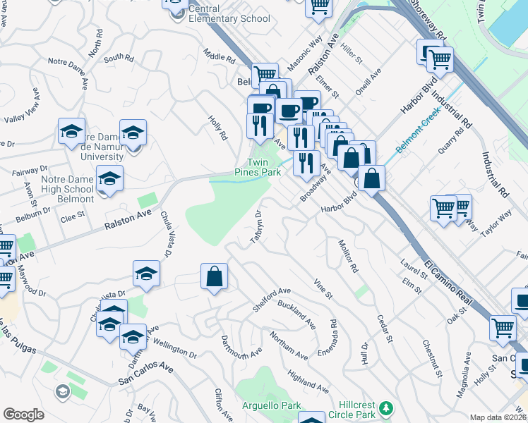 map of restaurants, bars, coffee shops, grocery stores, and more near 1235 Talbryn Drive in Belmont