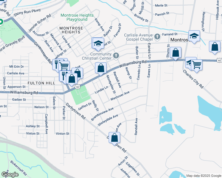 map of restaurants, bars, coffee shops, grocery stores, and more near 5204 Montpelier Street in Richmond