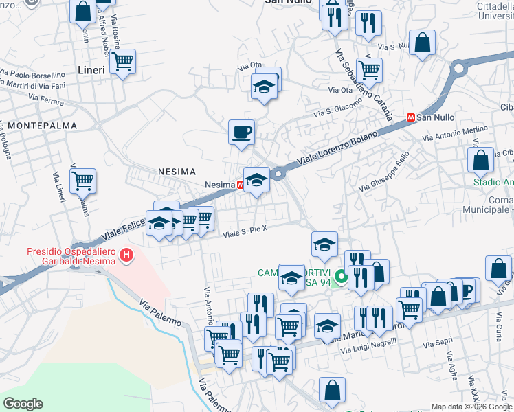 map of restaurants, bars, coffee shops, grocery stores, and more near 2-8 Via Galileo Galilei in Catania