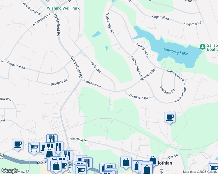 map of restaurants, bars, coffee shops, grocery stores, and more near 13910 Elmstead Road in Midlothian