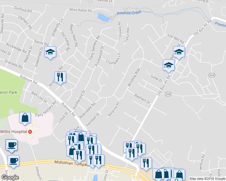 map of restaurants, bars, coffee shops, grocery stores, and more near 1506 Robindale Road in Richmond