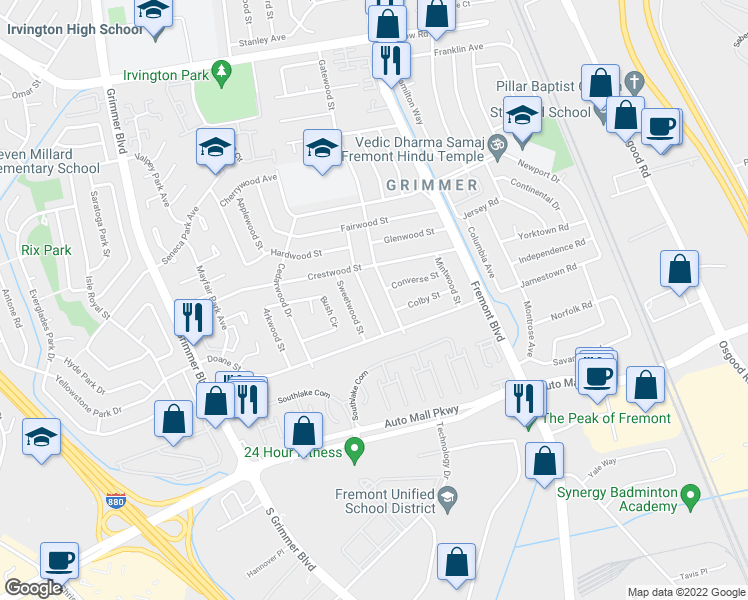 map of restaurants, bars, coffee shops, grocery stores, and more near 43414 Lindenwood Street in Fremont