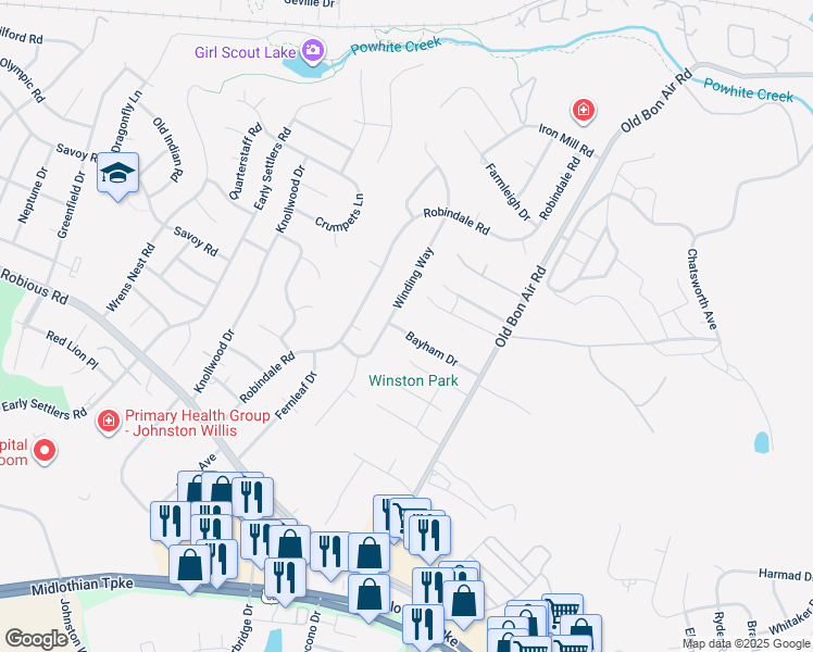map of restaurants, bars, coffee shops, grocery stores, and more near 10116 Bayham Drive in Richmond