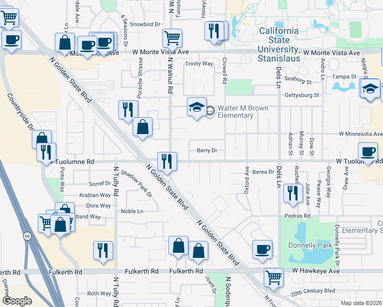 map of restaurants, bars, coffee shops, grocery stores, and more near 2440 Hampton Way in Turlock