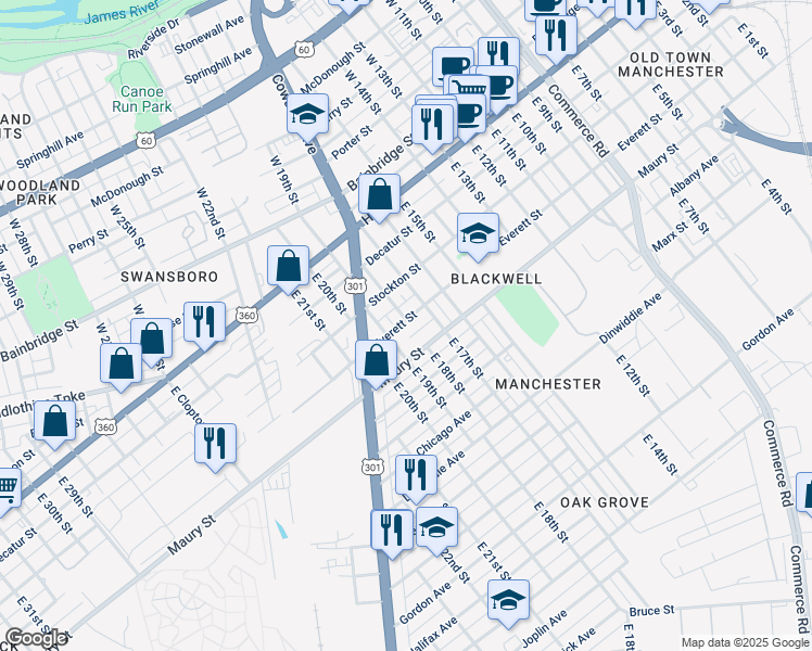 map of restaurants, bars, coffee shops, grocery stores, and more near 1802 Everett Street in Richmond
