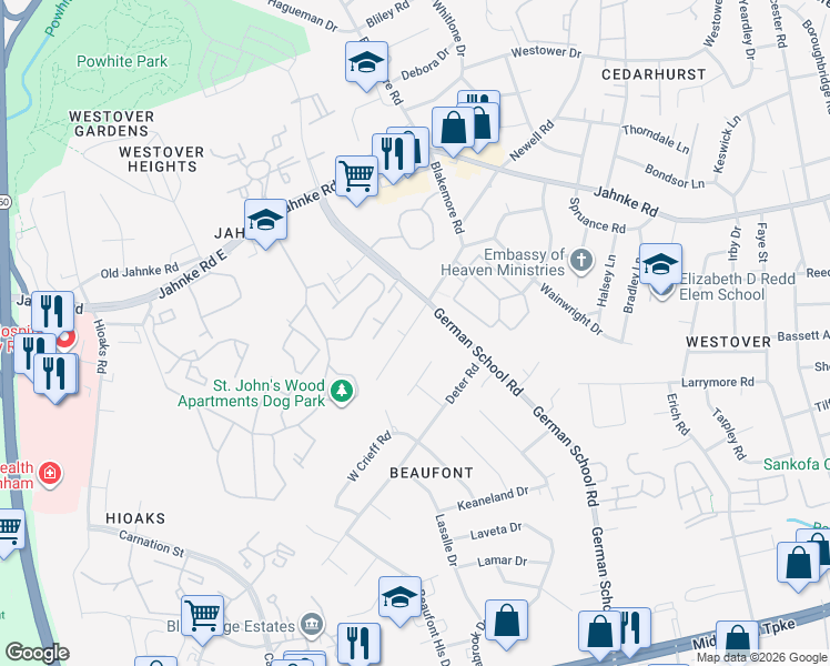 map of restaurants, bars, coffee shops, grocery stores, and more near 6331 Glenway Drive in Richmond