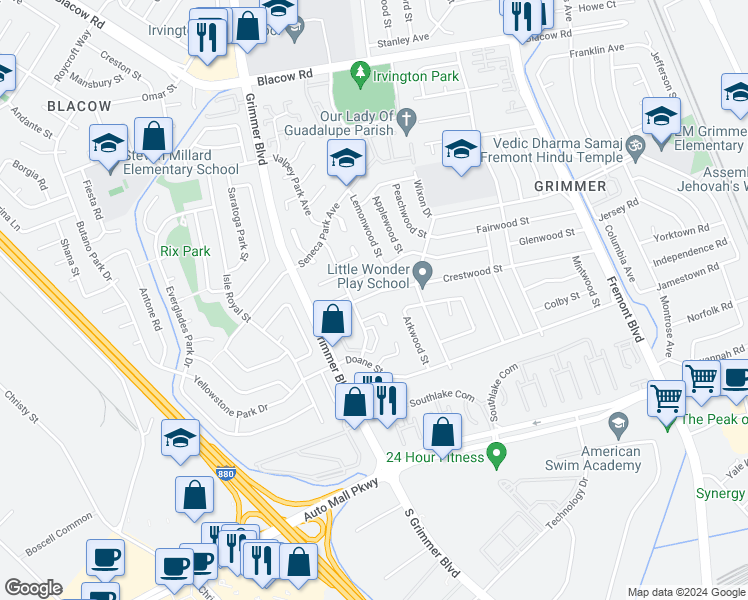 map of restaurants, bars, coffee shops, grocery stores, and more near 4566 Crestwood Street in Fremont