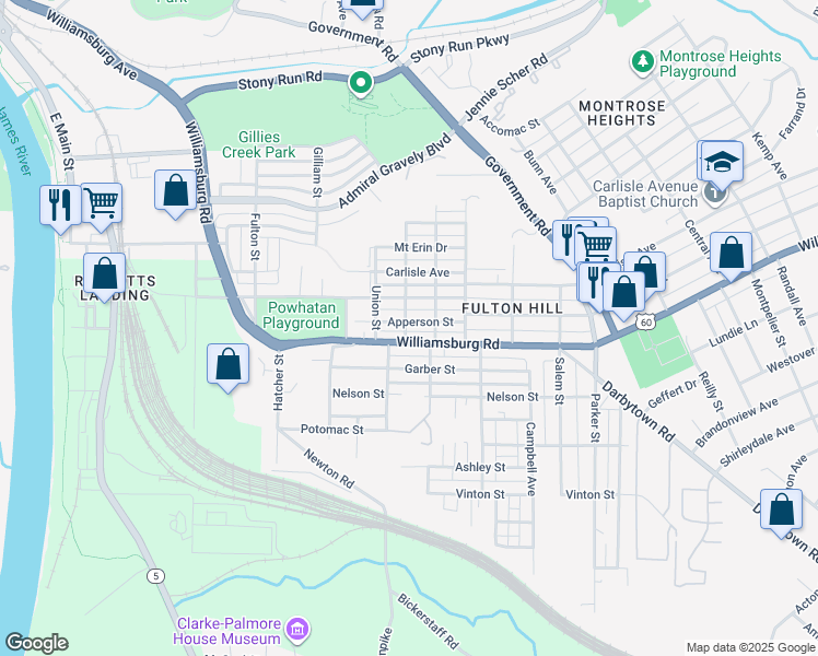 map of restaurants, bars, coffee shops, grocery stores, and more near 1109 Apperson Street in Richmond