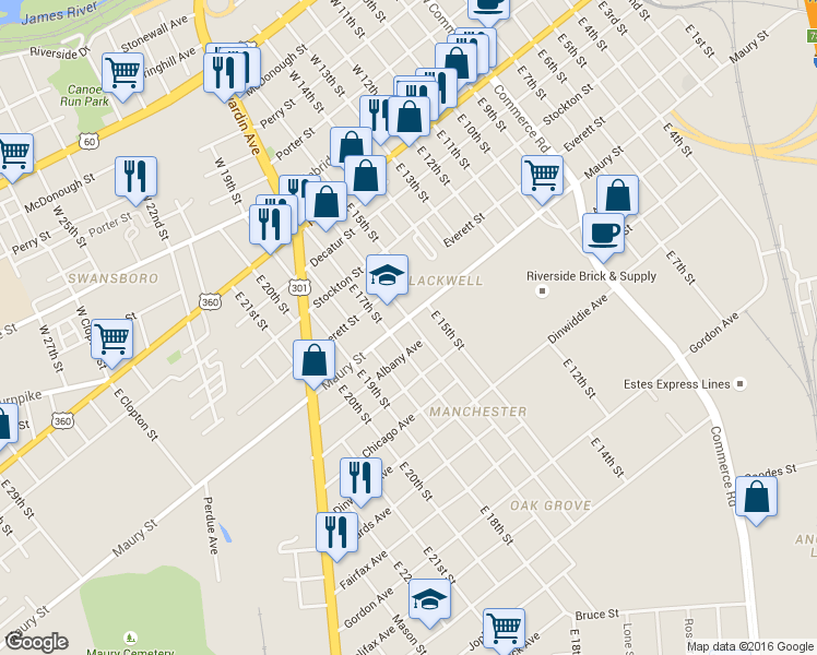 map of restaurants, bars, coffee shops, grocery stores, and more near 410 East 16th Street in Richmond
