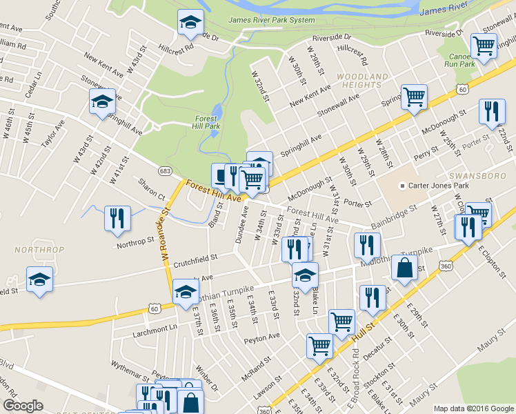 map of restaurants, bars, coffee shops, grocery stores, and more near 3310 Forest Hill Avenue in Richmond