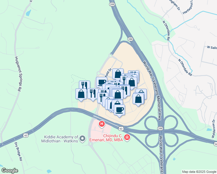 map of restaurants, bars, coffee shops, grocery stores, and more near 132 Schofield Drive in Midlothian