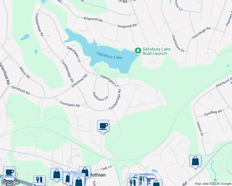 map of restaurants, bars, coffee shops, grocery stores, and more near 1811 Castlebridge Road in Midlothian