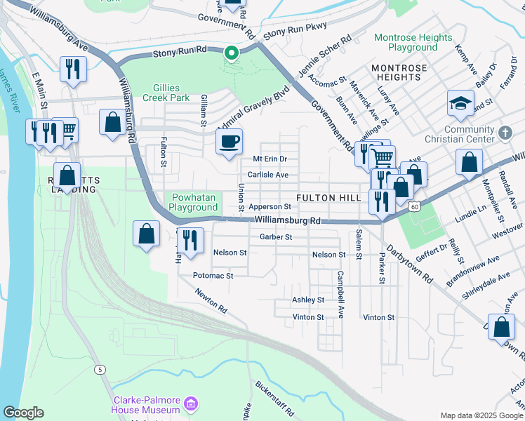 map of restaurants, bars, coffee shops, grocery stores, and more near 1109 Apperson Street in Richmond