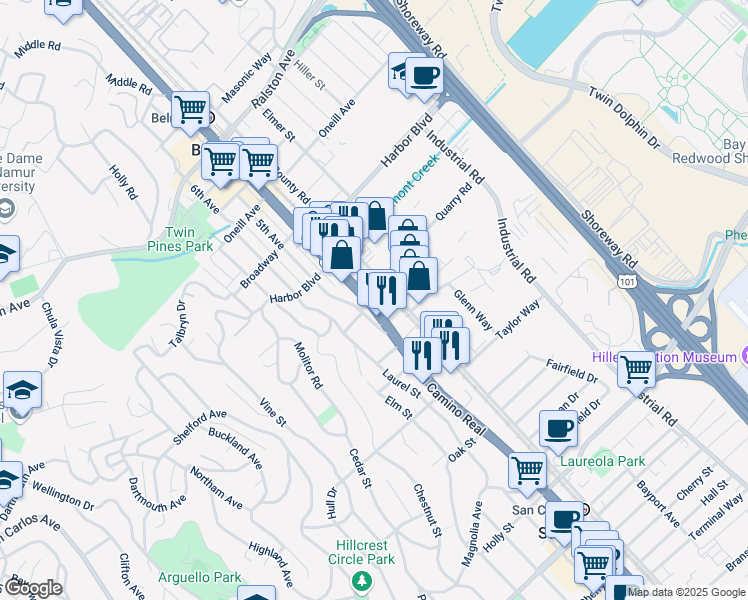 map of restaurants, bars, coffee shops, grocery stores, and more near 1601 California 82 in Belmont