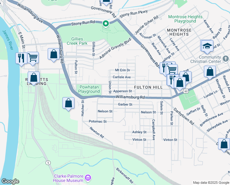 map of restaurants, bars, coffee shops, grocery stores, and more near 1109 Apperson Street in Richmond