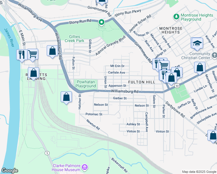 map of restaurants, bars, coffee shops, grocery stores, and more near 1105 Apperson Street in Richmond