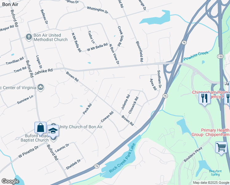 map of restaurants, bars, coffee shops, grocery stores, and more near 1250 Woodcroft Road in Richmond