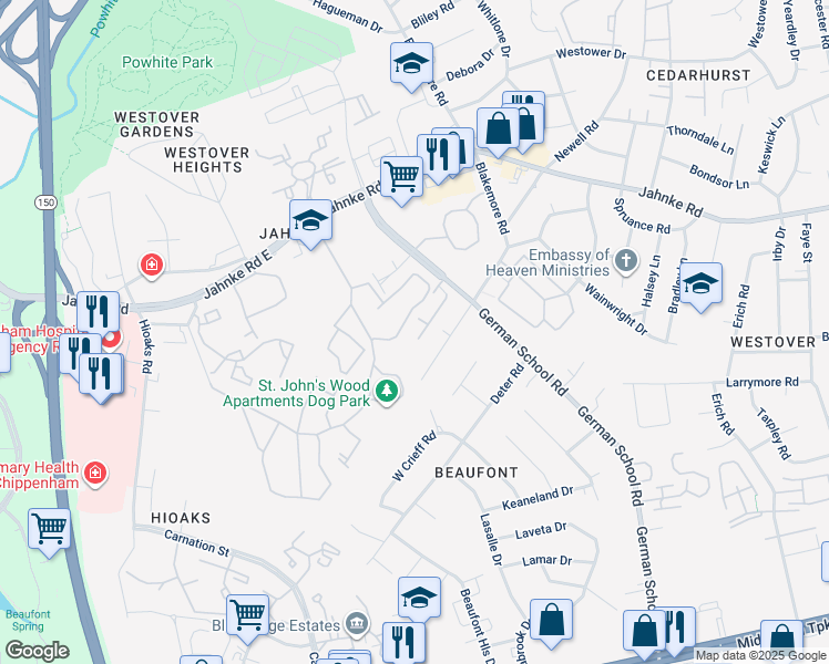 map of restaurants, bars, coffee shops, grocery stores, and more near 1030 German School Road in Richmond