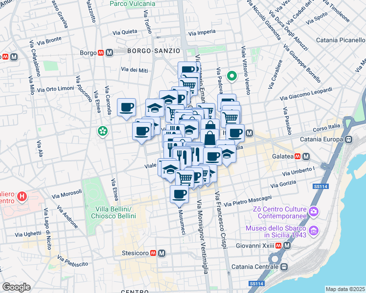 map of restaurants, bars, coffee shops, grocery stores, and more near 14 Via Francesco Riso in Catania