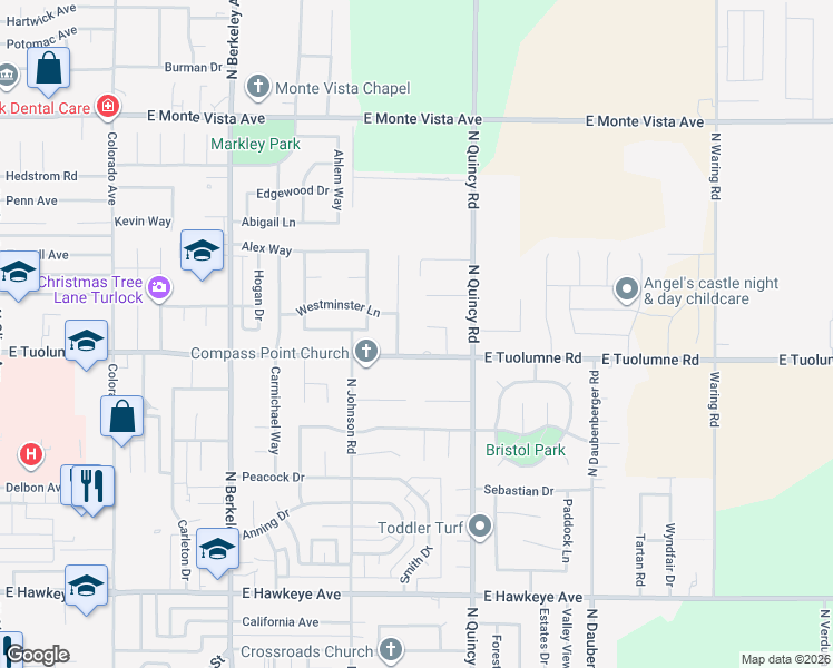 map of restaurants, bars, coffee shops, grocery stores, and more near 2561 Mooneyham Court in Turlock