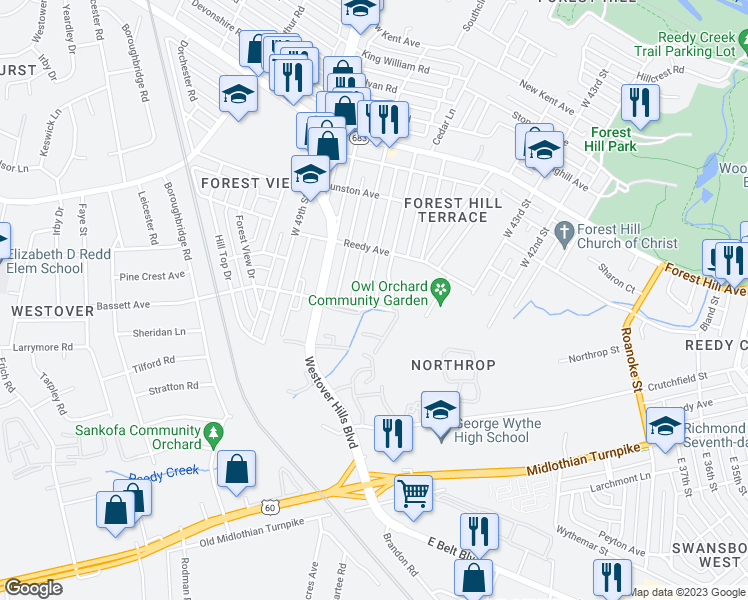 map of restaurants, bars, coffee shops, grocery stores, and more near 4607 Bassett Avenue in Richmond