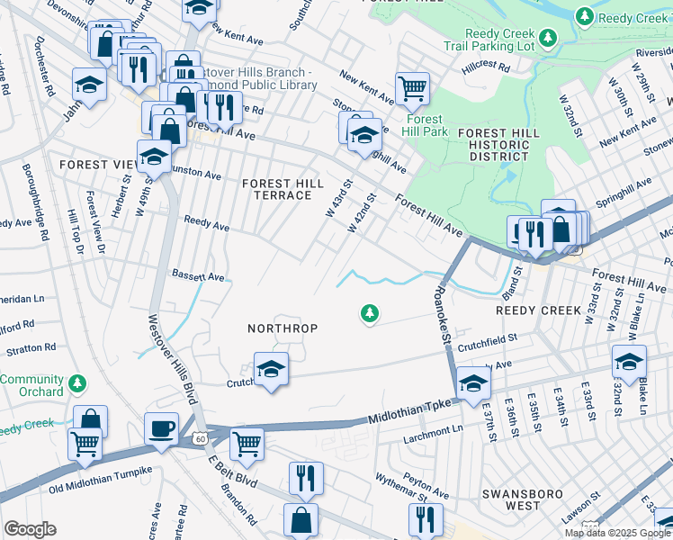 map of restaurants, bars, coffee shops, grocery stores, and more near 1003 West 42nd Street in Richmond