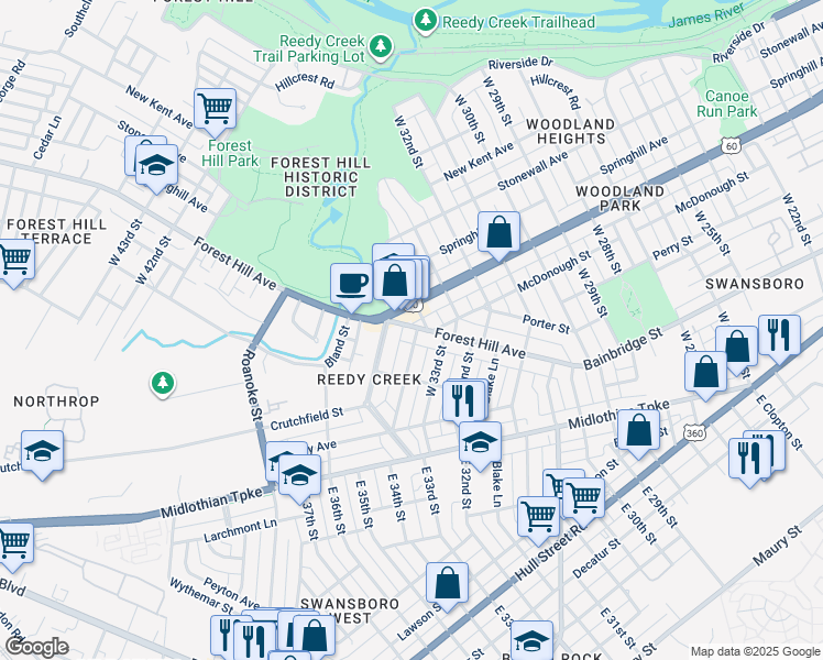 map of restaurants, bars, coffee shops, grocery stores, and more near 3400 Forest Hill Avenue in Richmond