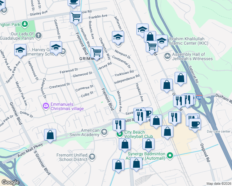 map of restaurants, bars, coffee shops, grocery stores, and more near 3852 Jamestown Road in Fremont
