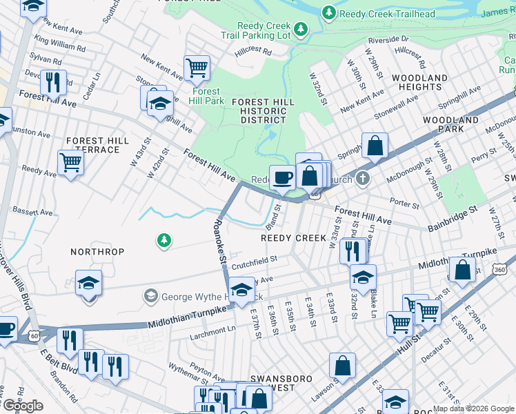 map of restaurants, bars, coffee shops, grocery stores, and more near 3724 Brookside Road in Richmond