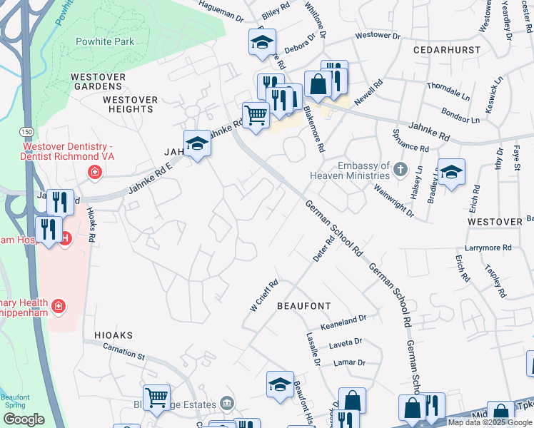 map of restaurants, bars, coffee shops, grocery stores, and more near 1030 German School Road in Richmond