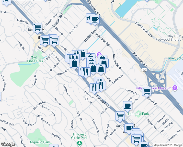 map of restaurants, bars, coffee shops, grocery stores, and more near 221 Old County Road in San Carlos
