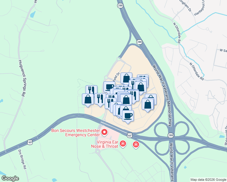 map of restaurants, bars, coffee shops, grocery stores, and more near 132 Schofield Drive in Midlothian