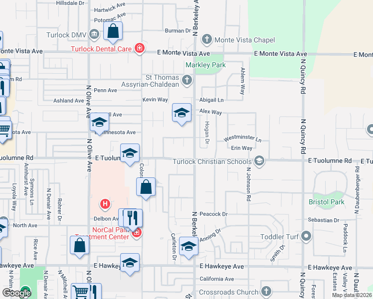 map of restaurants, bars, coffee shops, grocery stores, and more near 2501 North Berkeley Avenue in Turlock