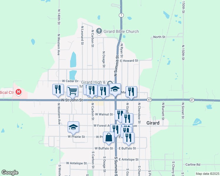 map of restaurants, bars, coffee shops, grocery stores, and more near 415 North Summit Street in Girard