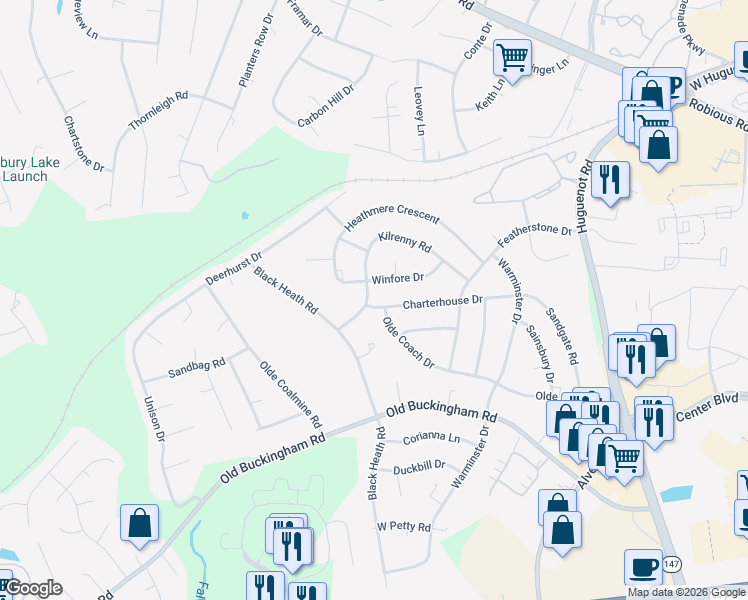 map of restaurants, bars, coffee shops, grocery stores, and more near 11910 Charterhouse Drive in Midlothian