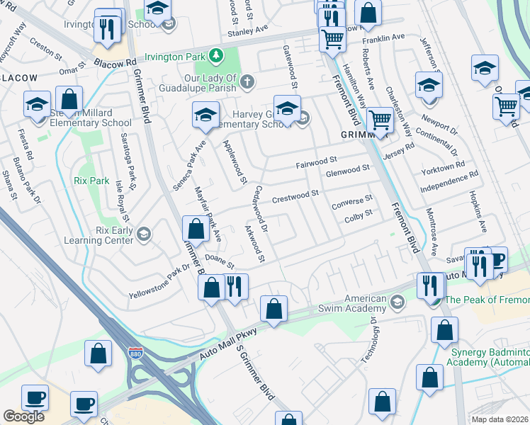 map of restaurants, bars, coffee shops, grocery stores, and more near 4470 Bush Circle in Fremont